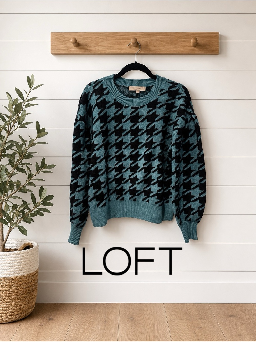 🩵🖤 LOFT Blue & Black Houndstooth Sweater | Balloon Sleeve Knit Pullover | Medium